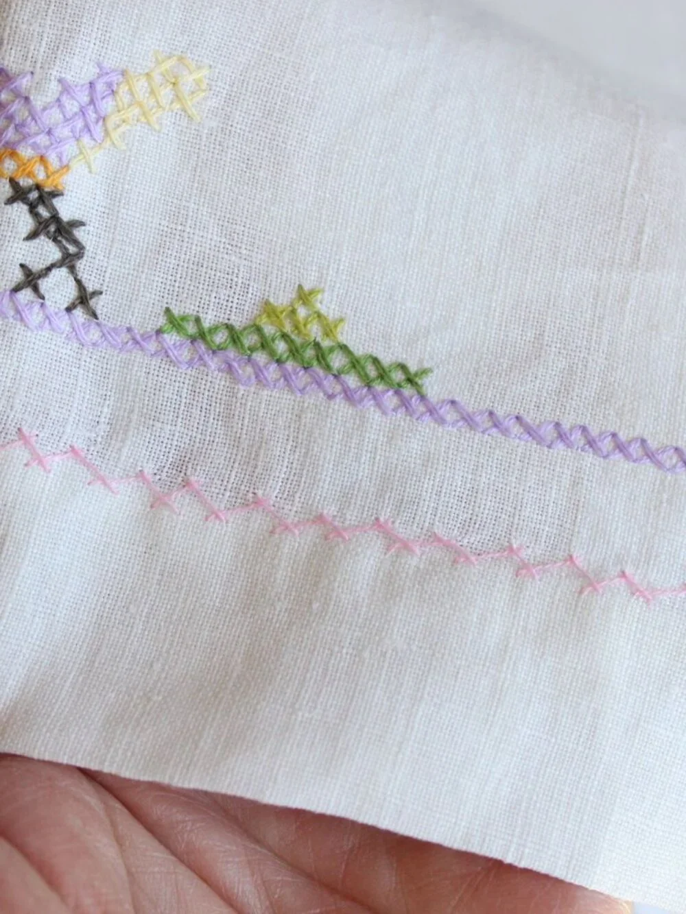 Vintage 1950s Hand Towel, White Linen Cross-stitched, Embroidery Tea Towel